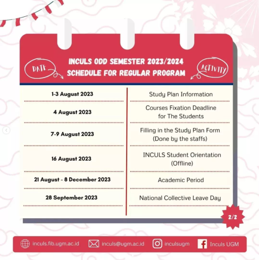 INCULS ODD SEMESTER SCHEDULE 2023/2024 REGULAR PROGRAM (Registration